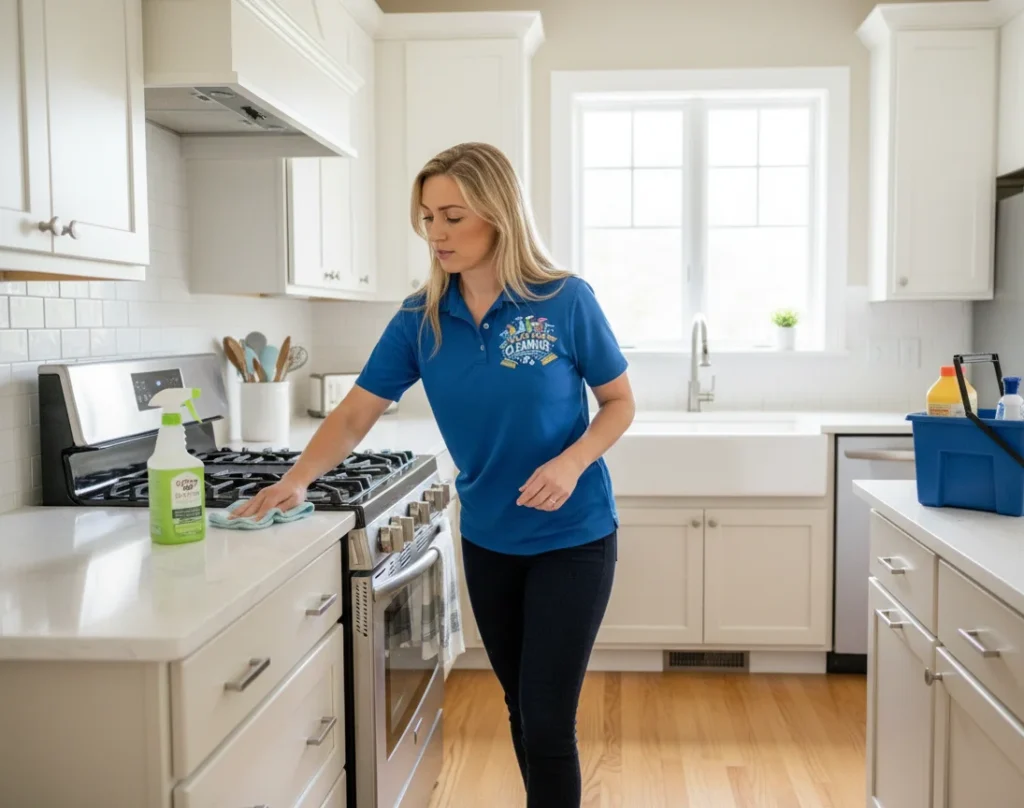 Maid service cleaning kitchen countertops and appliances in Columbia MO