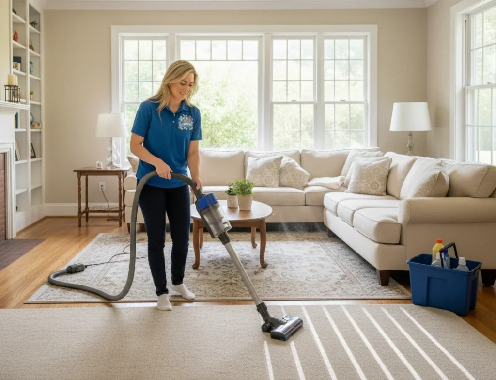 Professional carpet vacuuming during maid service in Columbia MO