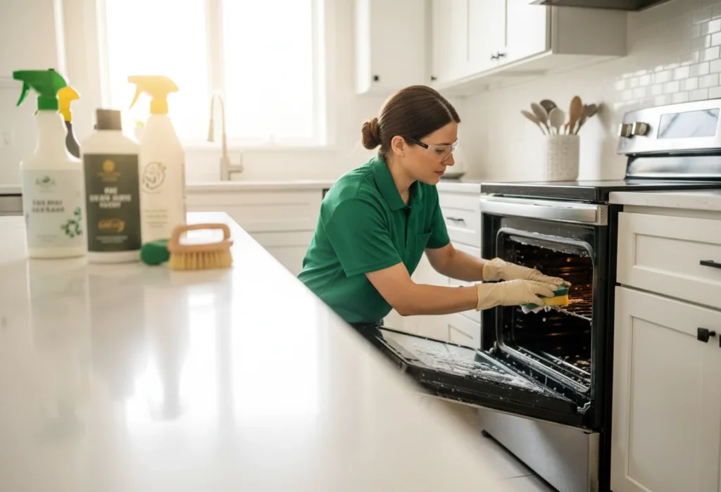Deep cleaning service in St. Louis MO kitchen — ValuePro cleaner scrubbing appliances