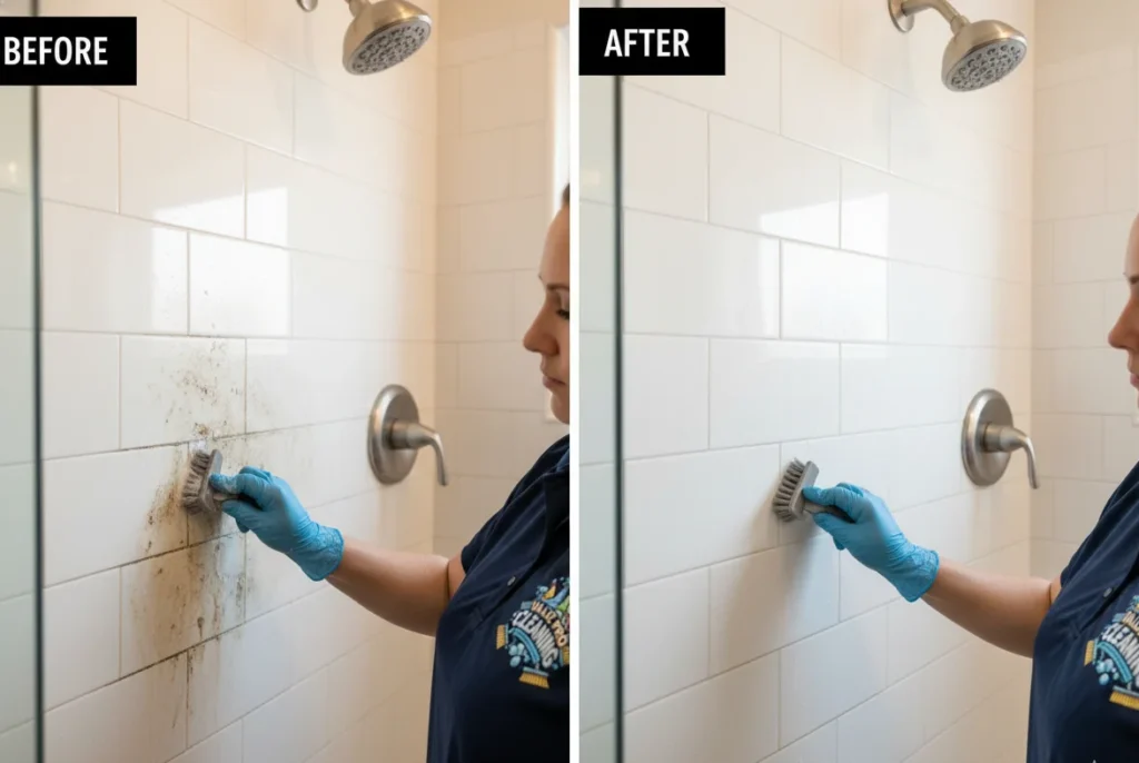 Deep cleaning tile grout in a Columbia MO bathroom — eco-friendly non-toxic products