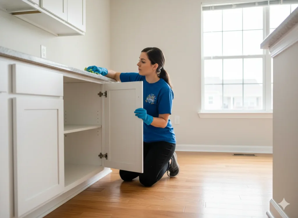 Cleaning inside kitchen cabinets during move-out clean in Columbia MO rental property