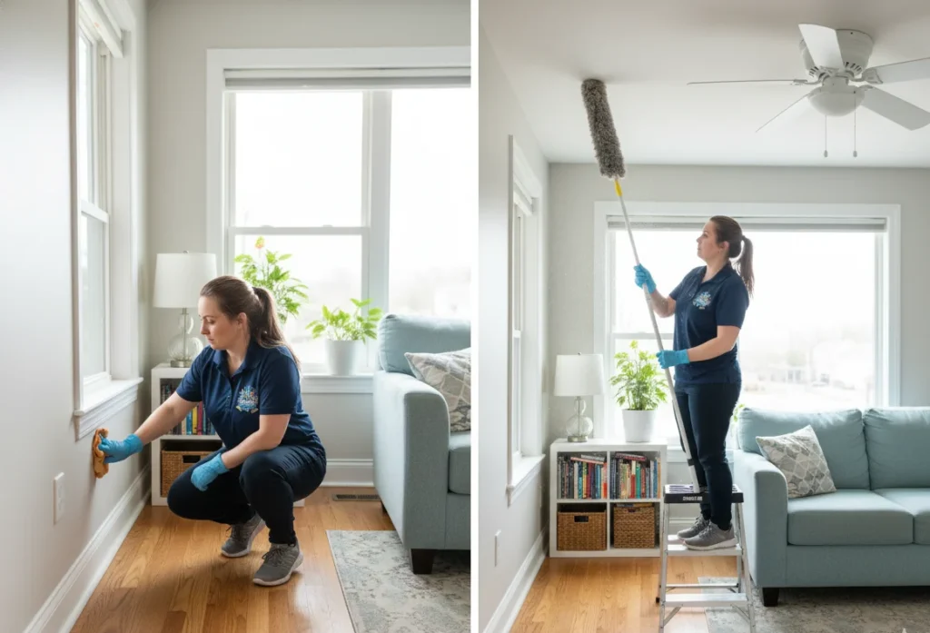 Spring deep cleaning a Columbia MO living room — baseboards and ceiling fan detail cleaning