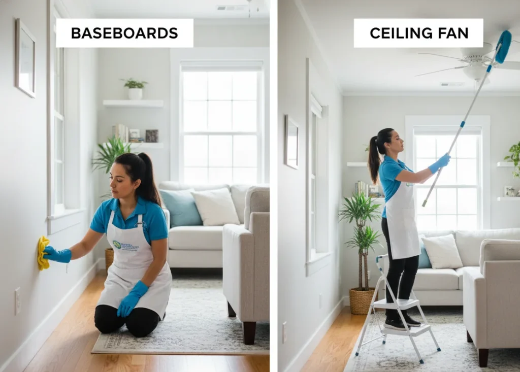 Deep cleaning baseboards and ceiling fan in Springfield MO living room