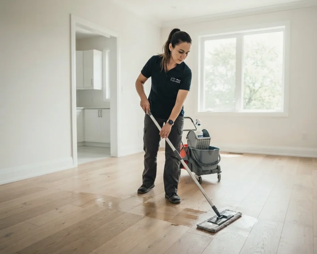 Professional cleaner mopping empty room during move-out cleaning service