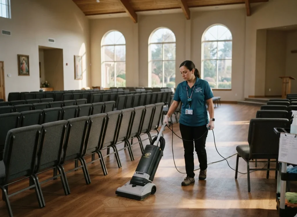 Cleaner resetting a church fellowship hall between services