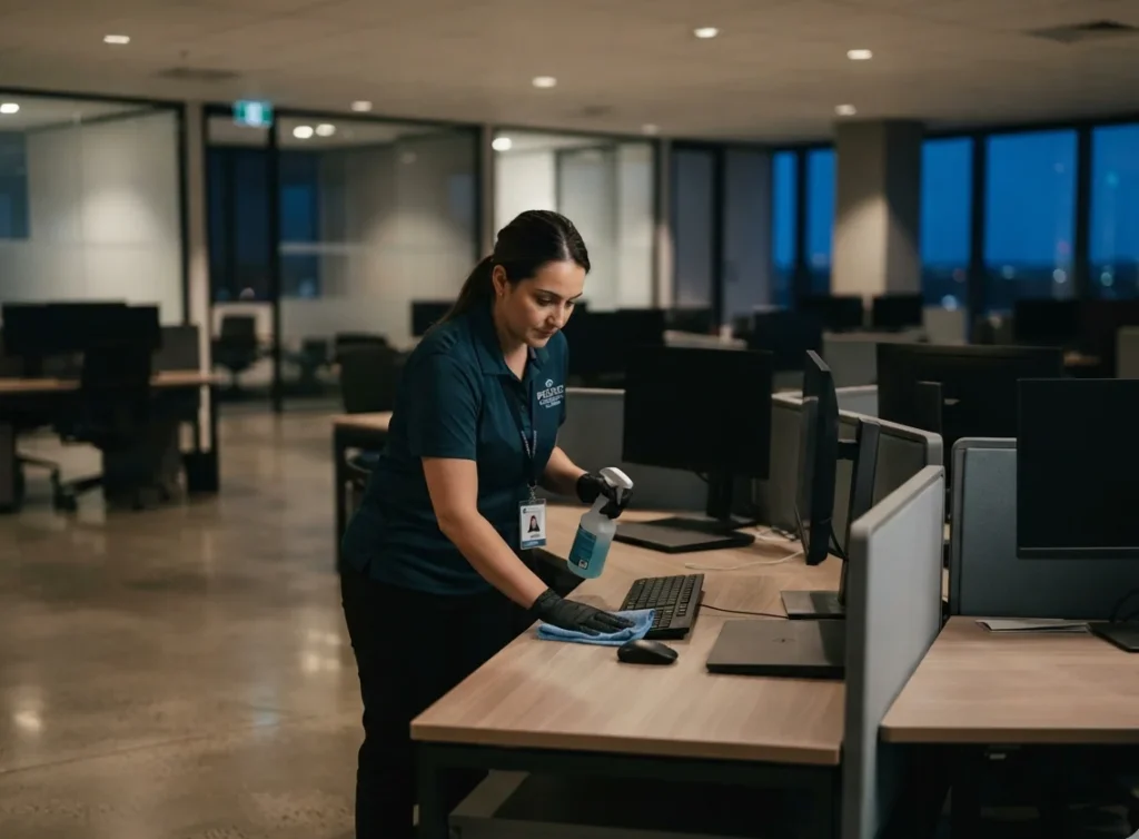 Cleaner sanitizing office workstations and desks after hours