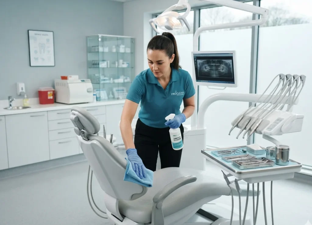 Cleaner disinfecting high-touch surfaces in a dental exam room