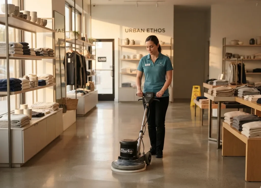 Cleaner preparing a retail floor before opening hours